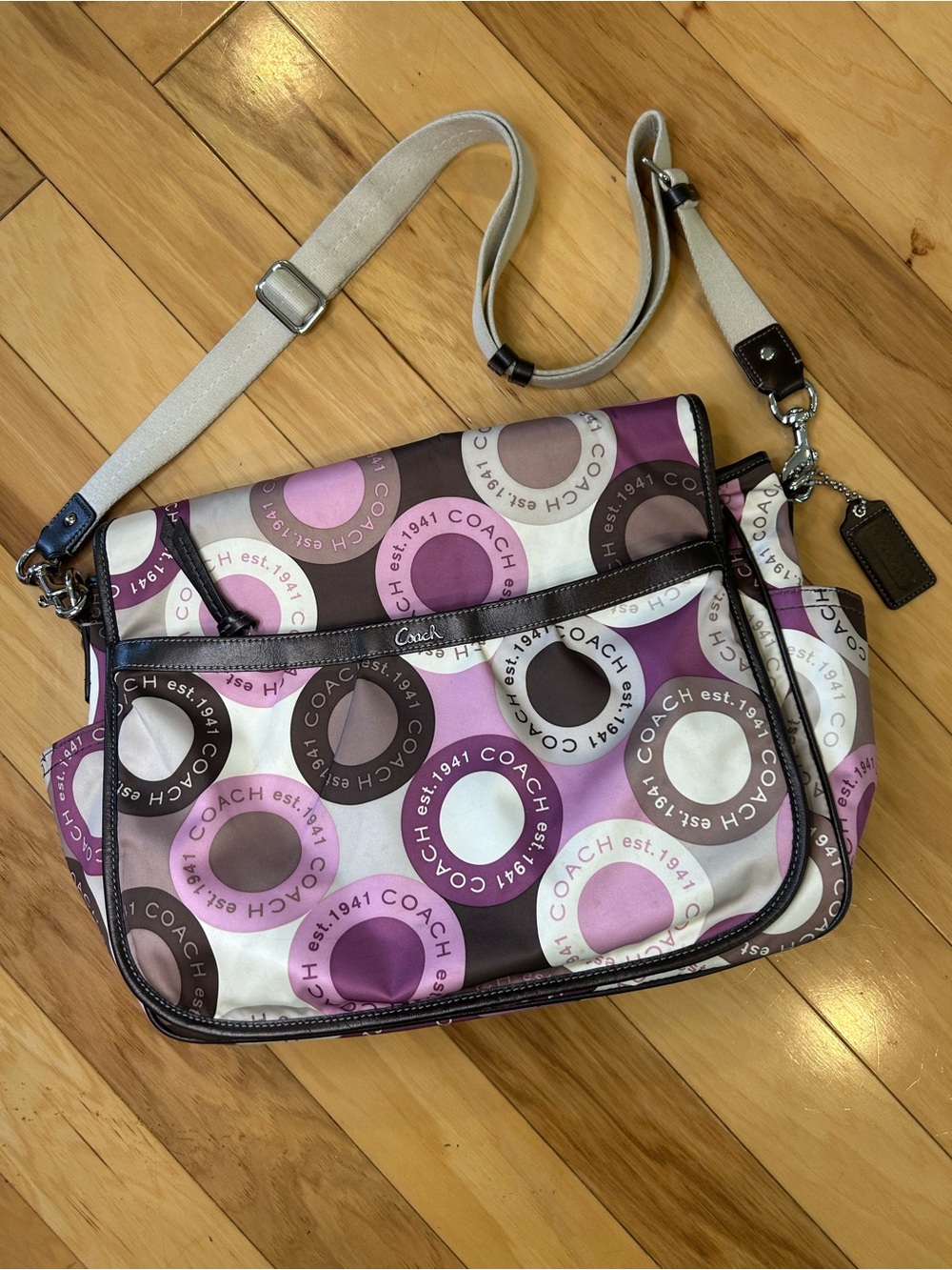 Coach Pink Brown Diaper Bag Messenger Nylon Leather Trim Crossbody Baby Bag
